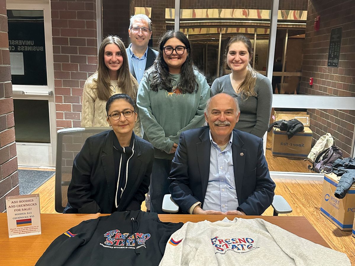 Seated: Dr. Anna Aleksanyan and Prof. Barlow Der Mugrdechian. Standing, left to right: Emily Sahakian, Dr. David Zakarian, Katherine Arslanian, and Jordan Mazmanian.