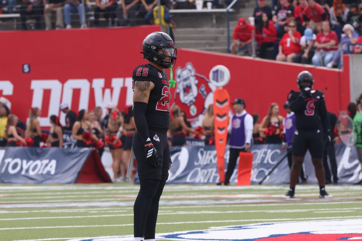 Linebacker Justin Johnson standing on the field in a game against San Diego State on Oct. 25 2025.