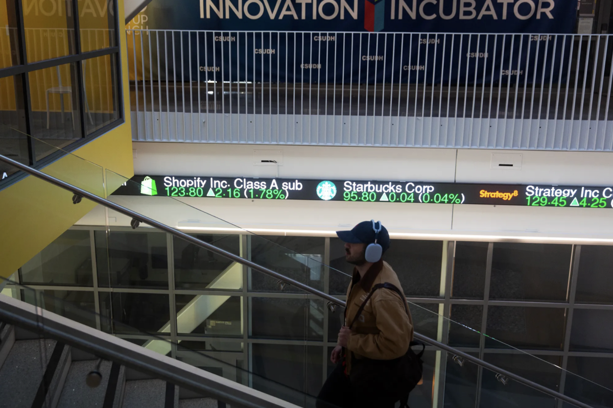 A student walks up the stairs at the Innovation and Instruction building at Cal State Dominguez Hills in Carson on Feb. 19, 2026. 